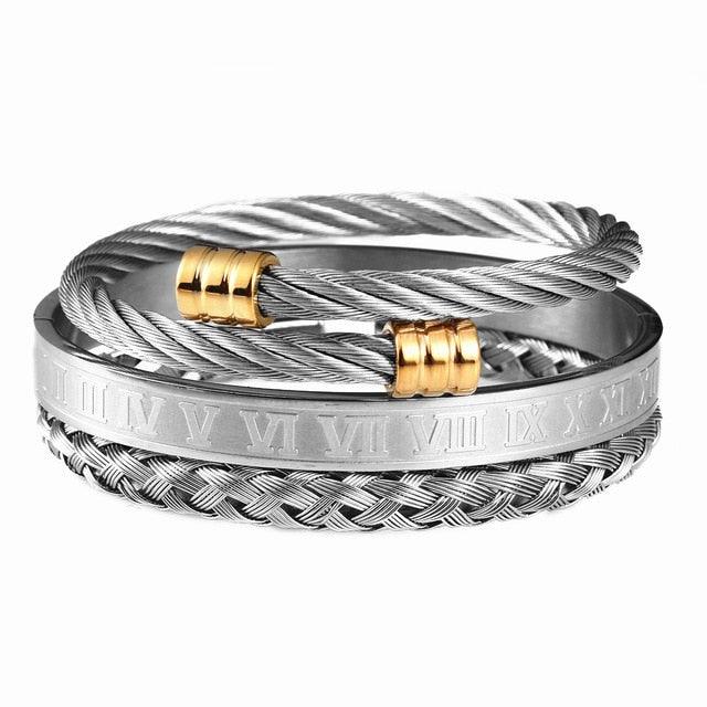 Luxury 3pcs/Set - Stainless Steel Bracelet Hip Hop Men Jewelry - Roman Number Jewelry (MJ3)(F83)