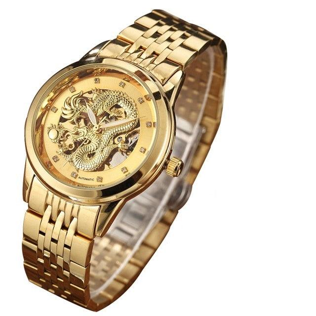 Luxury Top Brand Dragon Design Automatic Watch - Men Skeleton Gold Full Stainless Steel Wristwatch (1U84)