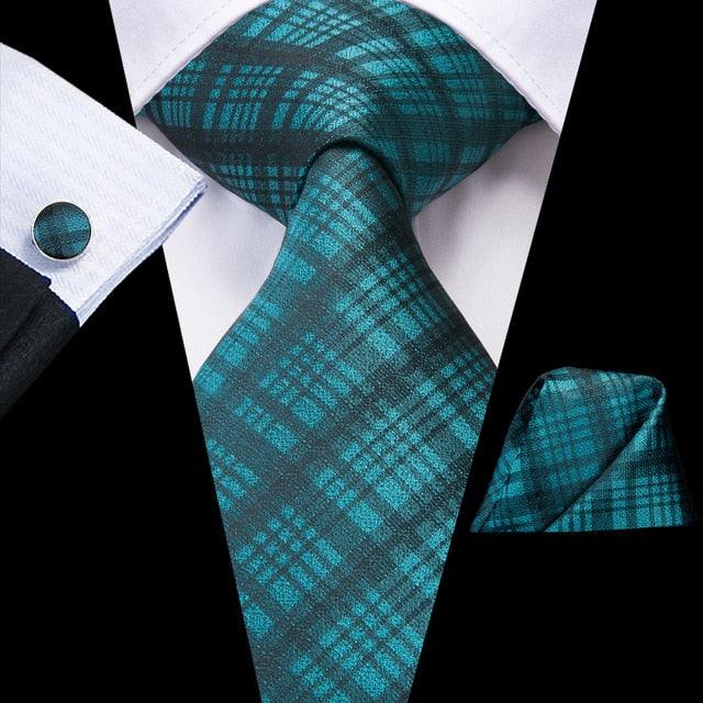 New Men's Tie - Green Plaid 100% Silk Jacquard Classic Tie - Men Hanky Cufflinks Set (2U17)(MA2)