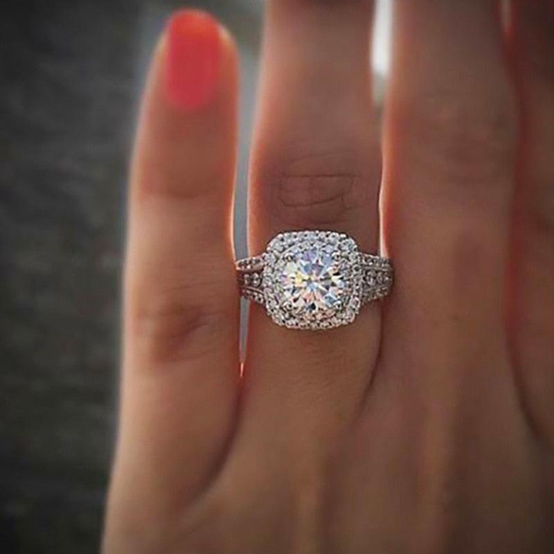Luxury Silver Color Engagement Ring with Rhinestone Jewelry Wedding Band Anniversary Gift (7JW)1(2U81)