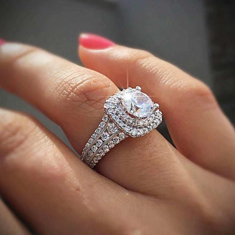 Luxury Silver Color Engagement Ring with Rhinestone Jewelry Wedding Band Anniversary Gift (7JW)1(2U81)