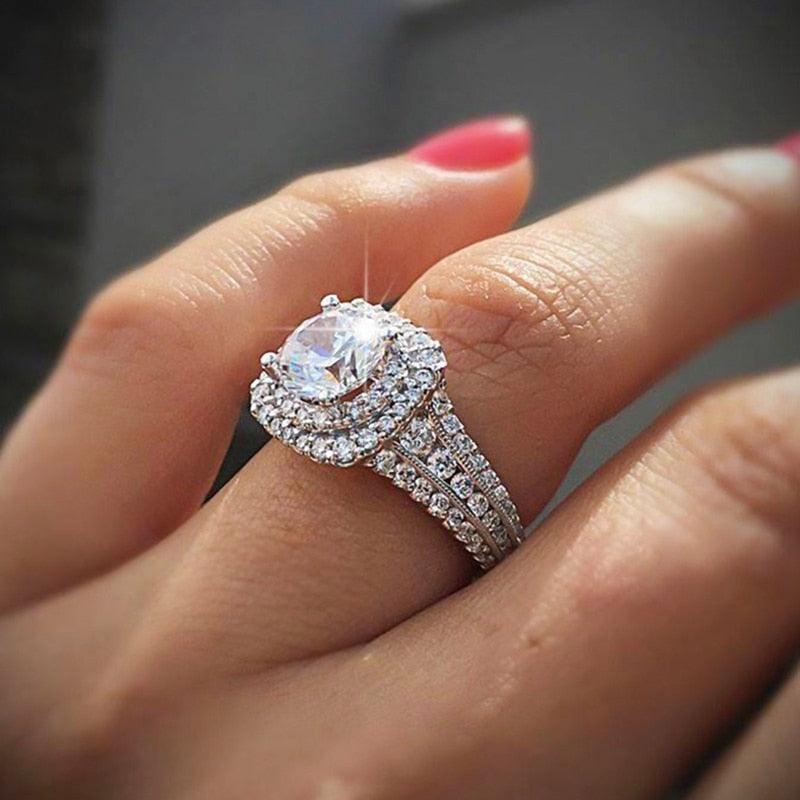 Luxury Silver Color Engagement Ring with Rhinestone Jewelry Wedding Band Anniversary Gift (7JW)1(2U81)