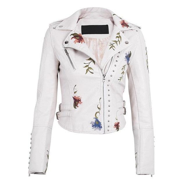 LY VAREY LIN Women's Floral Embroidered Faux Leather Moto PU Jacket Coat,  Beige, Small : : Clothing, Shoes & Accessories