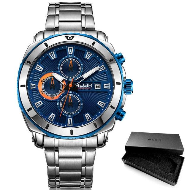 Men's Blue Dial Chronograph Quartz Watches - Fashion Stainless Steel - Man Luminous Hands 2075G-2 (2MA1)(F84)
