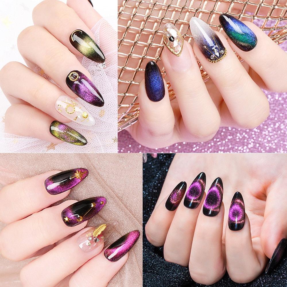 10ml 9D Cat Eye Gel Polish Set Chameleon Magnetic Gel Long Lasting Shining Laser Cat Eye Nail Art Black Base Need (N1)(1U85)