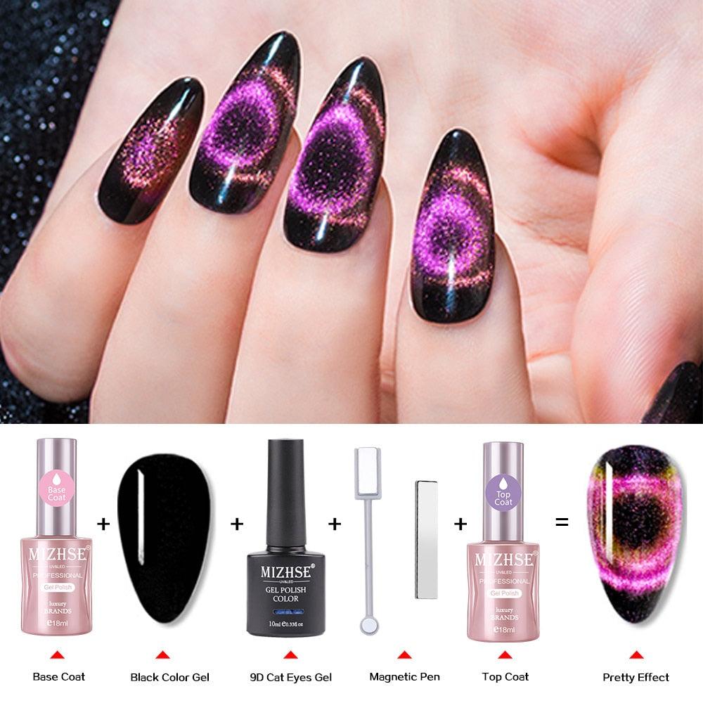 10ml 9D Cat Eye Gel Polish Set Chameleon Magnetic Gel Long Lasting Shining Laser Cat Eye Nail Art Black Base Need (N1)(1U85)