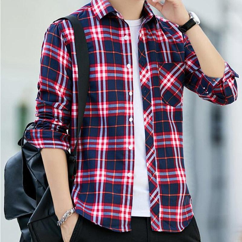 Men Plaid Long Sleeve Shirt - Casual Shirts Slim Fit (2U8)(2U11)