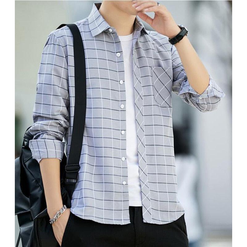 Men Plaid Long Sleeve Shirt - Casual Shirts Slim Fit (2U8)(2U11)