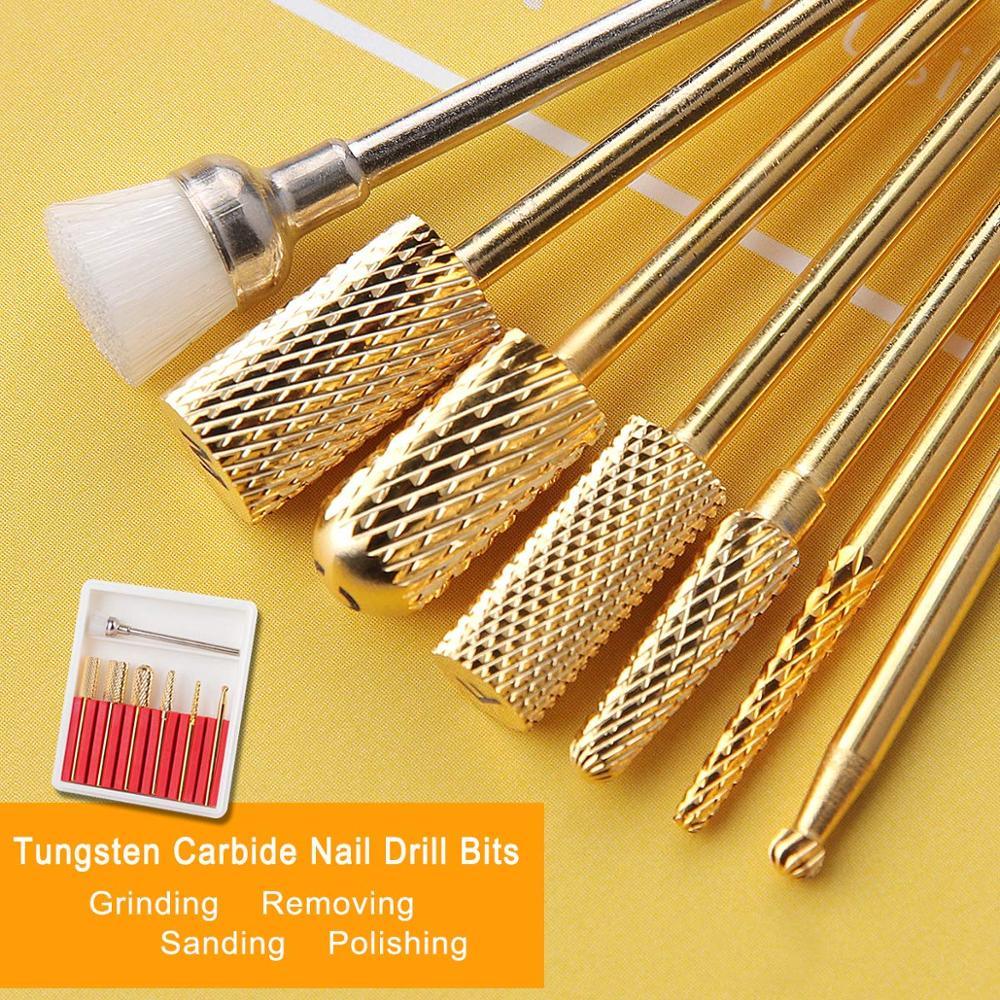 Carbide Nail Drill Bit Set 3/32 Gold Carbide Nail Drill Bit 7Pcs Remove Gel Polish Nail Gel Dip Powder Drill Bit (N3)(1U85)