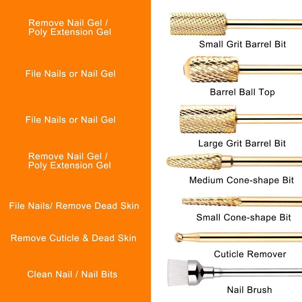 Carbide Nail Drill Bit Set 3/32 Gold Carbide Nail Drill Bit 7Pcs Remove Gel Polish Nail Gel Dip Powder Drill Bit (N3)(1U85)
