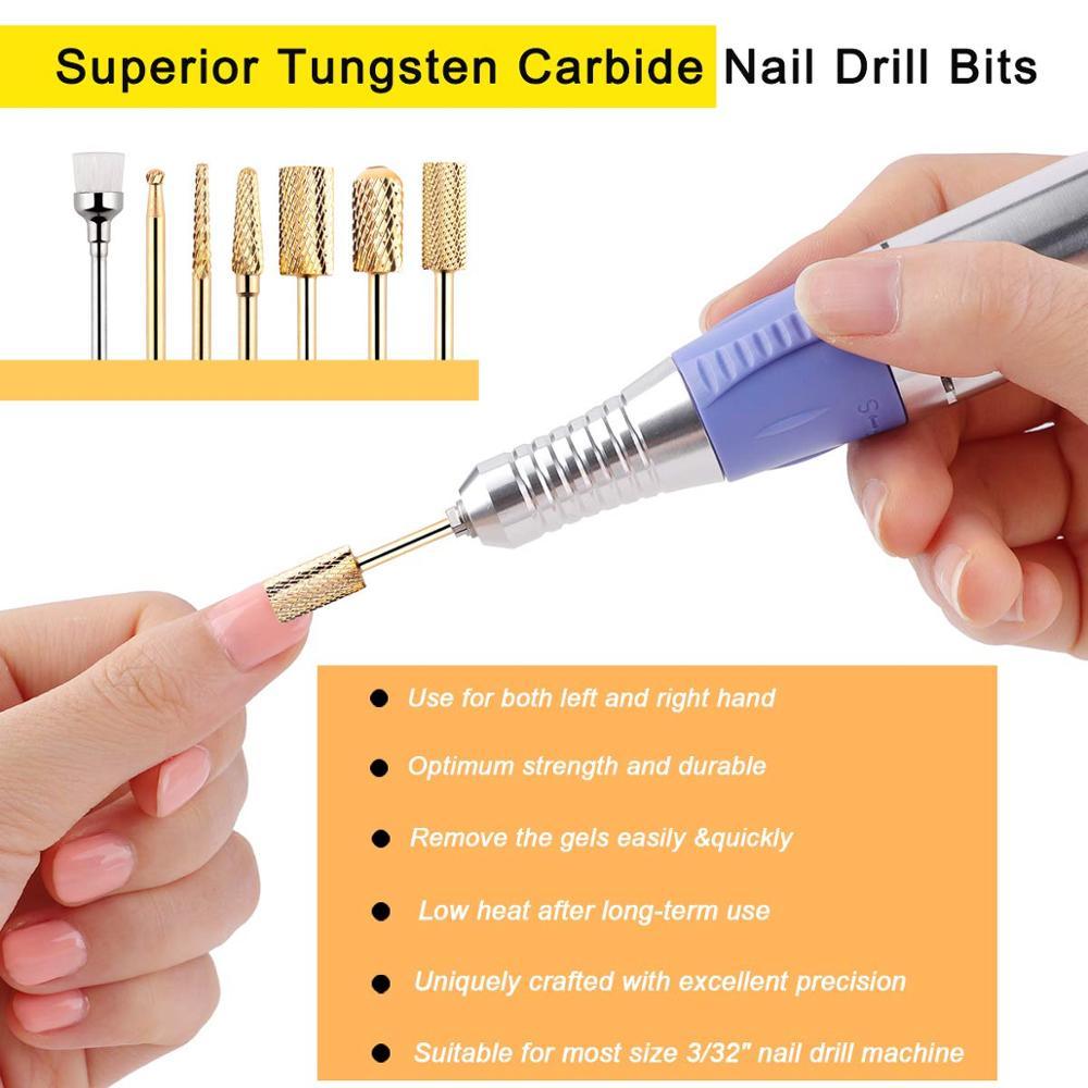 Carbide Nail Drill Bit Set 3/32 Gold Carbide Nail Drill Bit 7Pcs Remove Gel Polish Nail Gel Dip Powder Drill Bit (N3)(1U85)