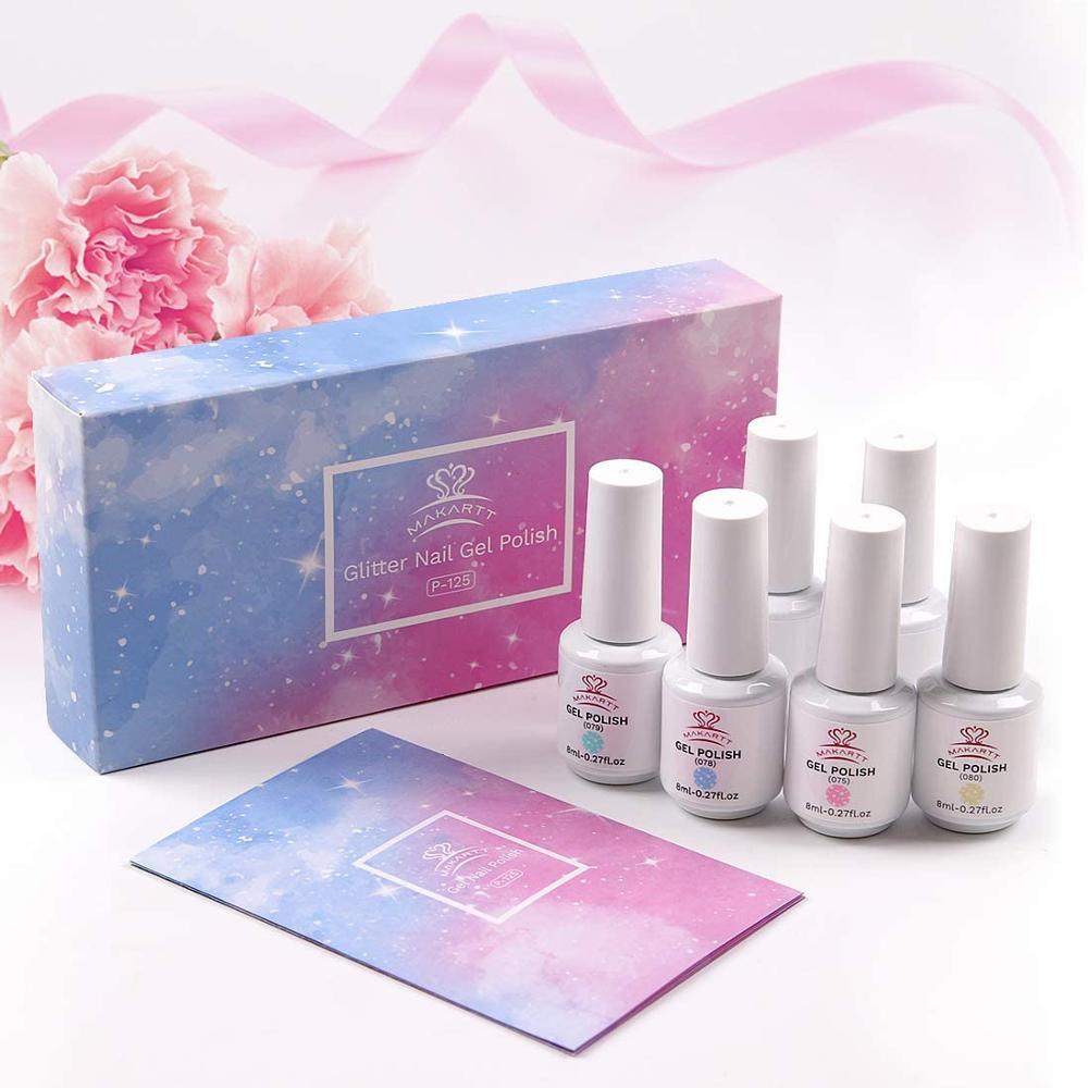 Gel Nail Polish Set, Jelly Glitter Gel Pink Blue Yellow UV LED Nail Polish Kit, Glitter Color Nail Art, 6 Bottles 8ML (N1)(1U85)