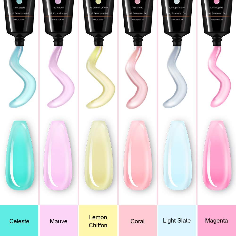 Translucent Poly Nail Extension Gel Kit, 6 Pastel Poly Nail Colors 15ML Nail Extension Gel Builder Gel (D85)(N1)(1U85)