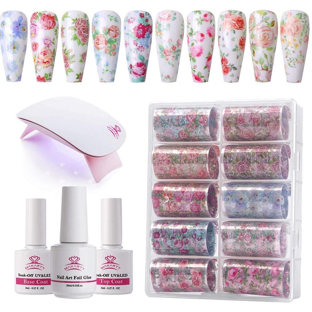 Nail Art Foil Glue Gel for Foil Stickers with Mini Led Lamp Nail Transfer Tips Manicure Art DIY 15ML, 10PCS (4cm100cm)(N7)(N3)(1U85)