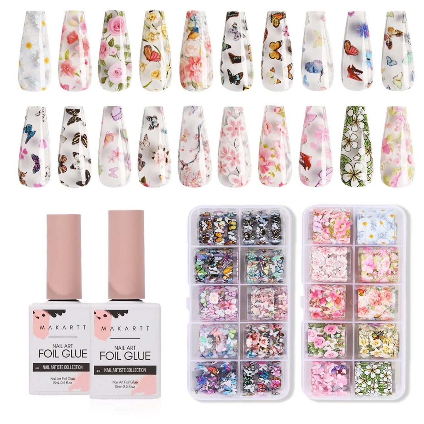 Nail Art Foil Glue Gel with Flower and Butterfly Foil Sticker Set Nail Transfer Tips Manicure Art DIY 15ML, 20PCS (N2)(N7)(1U85)