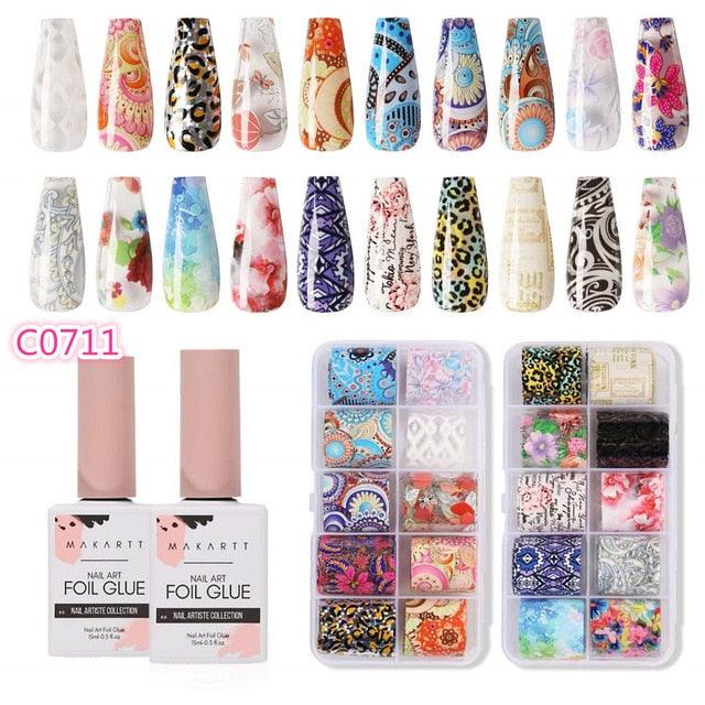 Nail Art Foil Glue Gel with Flower and Butterfly Foil Sticker Set Nail Transfer Tips Manicure Art DIY 15ML, 20PCS (N2)(N7)(1U85)