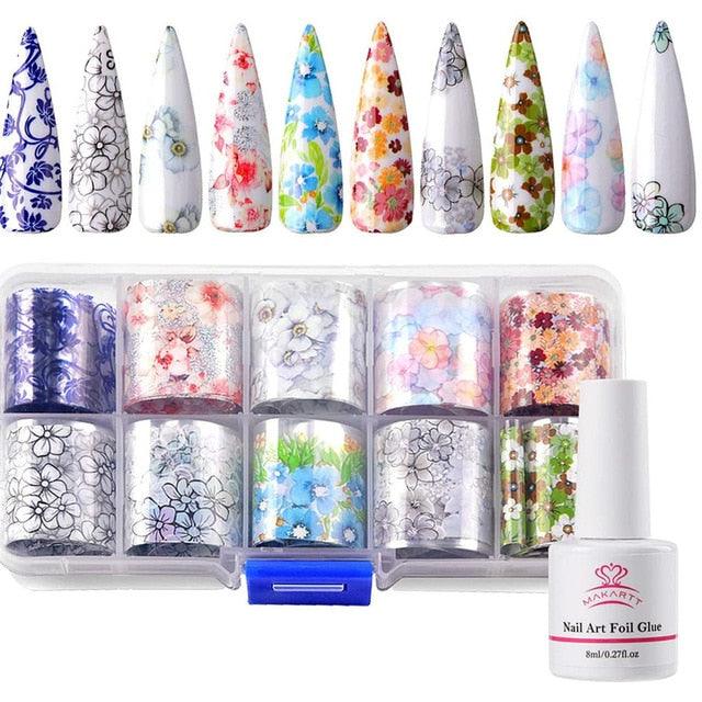 Nail Art Foil Glue Gel with Starry Sky Star Foil Stickers Set Nail Transfer Tips Manicure Art DIY 8ML, 10PCS (2.5cm100cm(N7)(1U85)