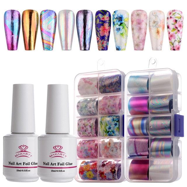 Nail Art Foil Glue Gel with Stickers Set Rose Flowers Metal Nail Transfer Gel Tips Manicure Art DIY 15ML, 20PCS (D85)(N7)(1U85)