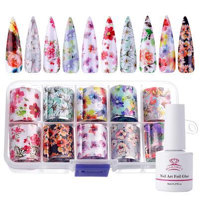 Nail Art Foil Glue Gel with Stickers Set Rose Flowers Metal Nail Transfer Gel Tips Manicure Art DIY 15ML, 20PCS (D85)(N7)(1U85)