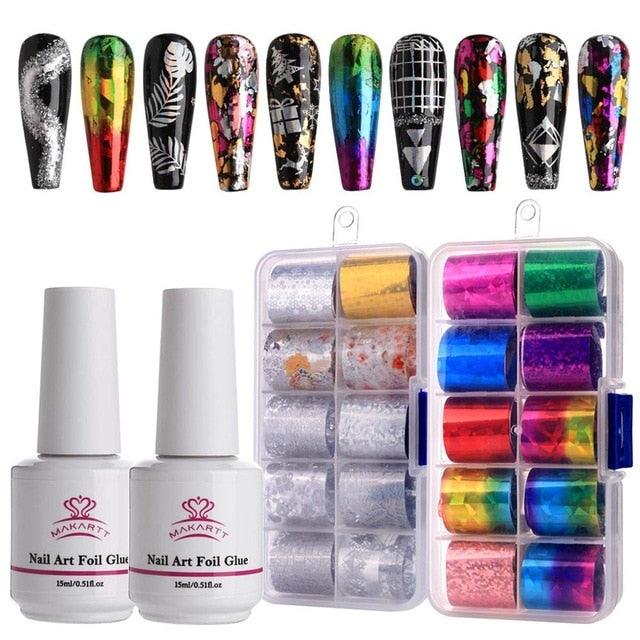 Nail Art Foil Glue Gel with Stickers Set Rose Flowers Metal Nail Transfer Gel Tips Manicure Art DIY 15ML, 20PCS (D85)(N7)(1U85)