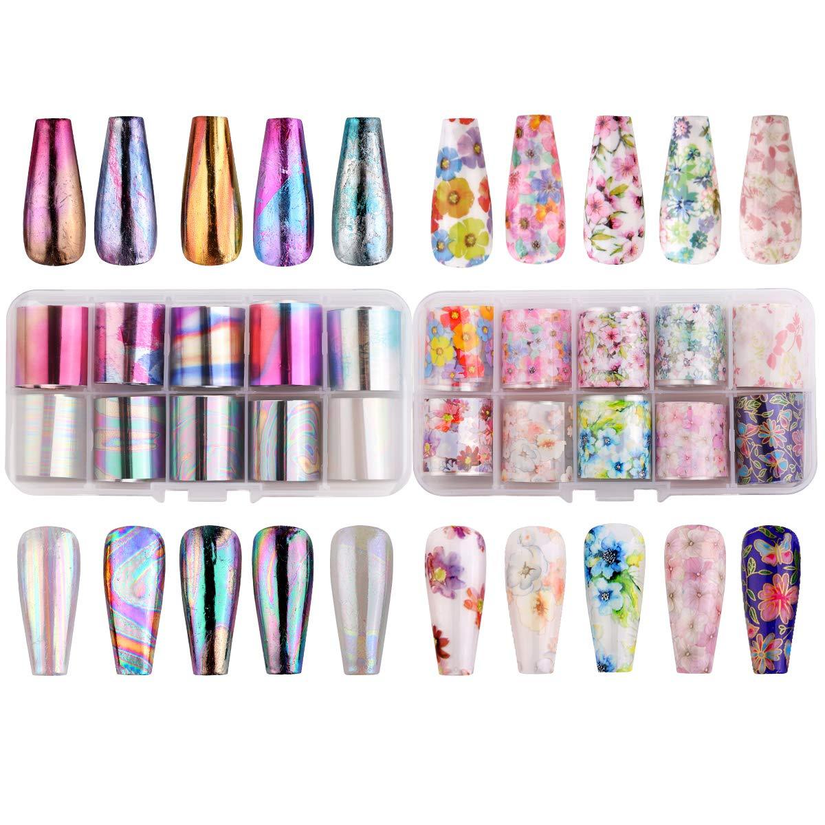 Nail Art Foil Glue Gel with Stickers Set Rose Flowers Metal Nail Transfer Gel Tips Manicure Art DIY 15ML, 20PCS (D85)(N7)(1U85)