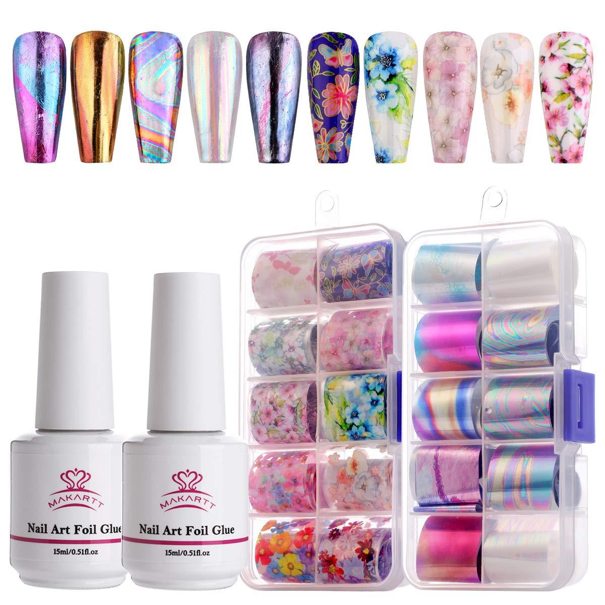 Nail Art Foil Glue Gel with Stickers Set Rose Flowers Metal Nail Transfer Gel Tips Manicure Art DIY 15ML, 20PCS (D85)(N7)(1U85)