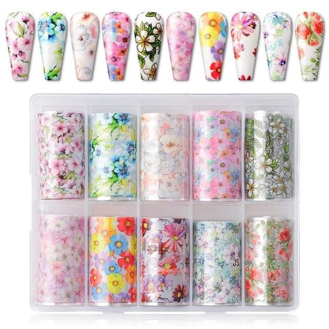 Nail Art Foil Transfer Stickers 10 Rolls Rose Flowers Nail Decals For Nail Extension Gel Polish (N7)