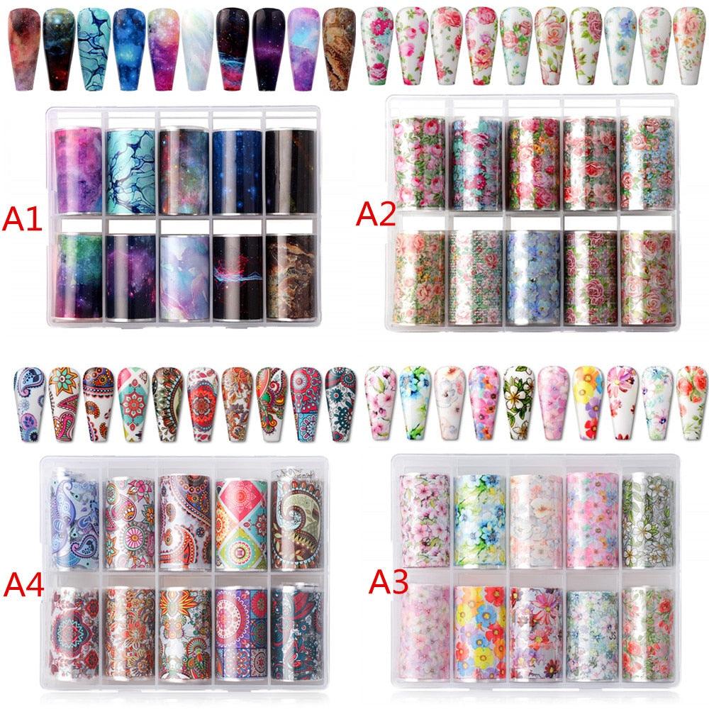 Nail Art Foil Transfer Stickers 10 Rolls Rose Flowers Nail Decals For Nail Extension Gel Polish (N7)