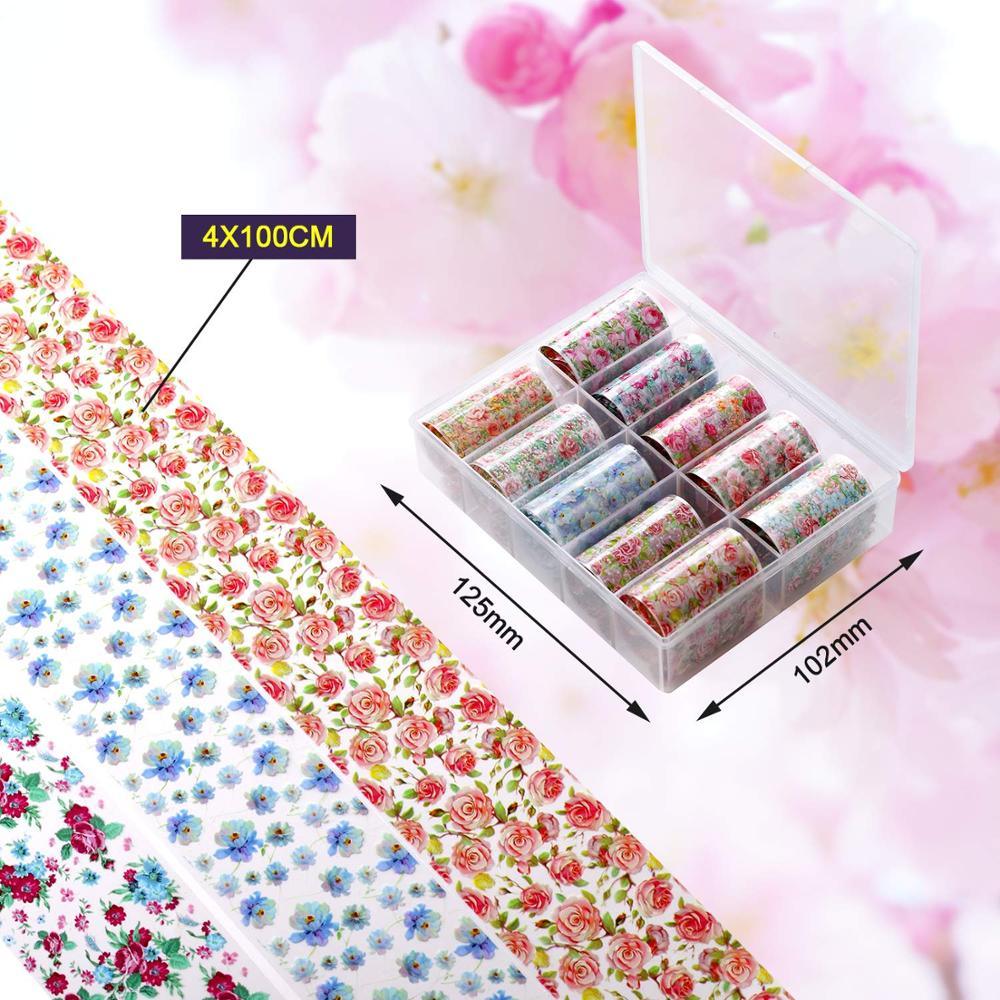 Nail Art Foil Transfer Stickers 10 Rolls Rose Flowers Nail Decals For Nail Extension Gel Polish (N7)