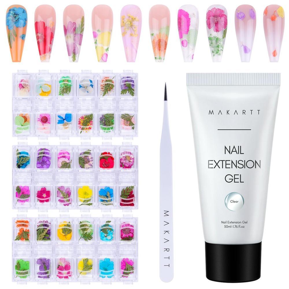 Nail Dried Flowers Nail Art with Clear Poly Nail Gel 50ML, 36 Colors Mini Real Dry Flowers (D85)(N2)(N7)(1U85)