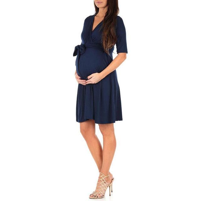 Maternity Clothes - Pregnant Solid Color Formal Dress - Casual V-Neck Dresses (D5)(Z7)(Z6)(Z9)(2Z1)(4Z1)(7Z1)