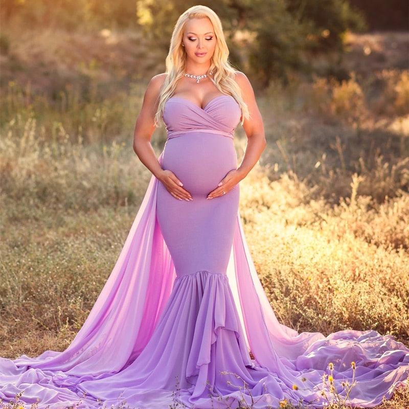 Gorgeous Maternity Photography Props Long Dress - With Cape - Baby Shower Jersey Dress- Long Train Stretchy (F5)(Z6)(Z8)(1Z1)(2Z1)(3Z1)(4Z1)(7Z1)