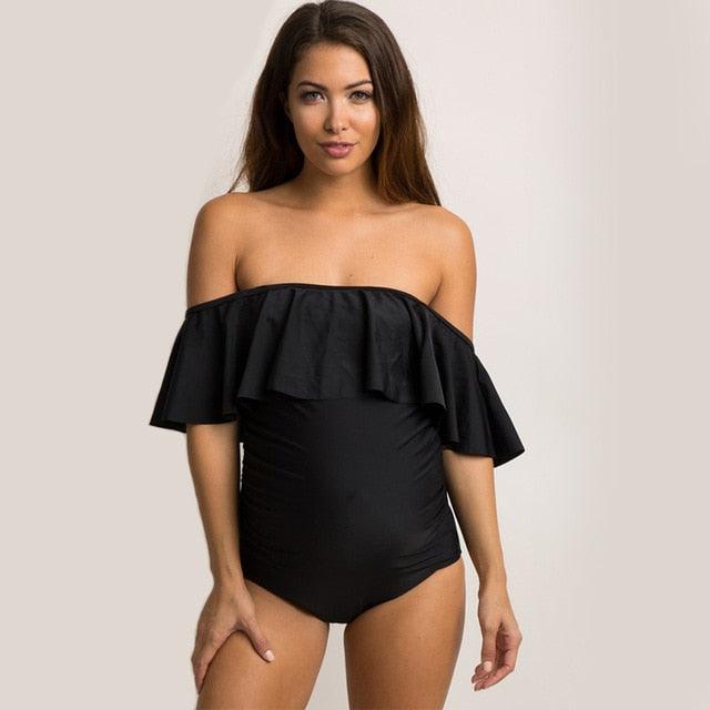 Polyester Sexy Maternity Women Solid Ruffled Flounce Bikinis - Off Shoulder One Piece Pregnant S - XXL -Maternity Swimwear (Z5)