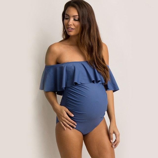 Polyester Sexy Maternity Women Solid Ruffled Flounce Bikinis - Off Shoulder One Piece Pregnant S - XXL -Maternity Swimwear (Z5)