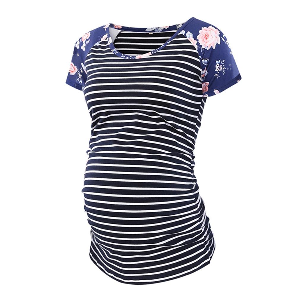 Maternity Print Striped Top - Pregnancy T-Shirt - Casual Short Sleeve - Tee Summer Maternity Clothes (1U4)(Z1)