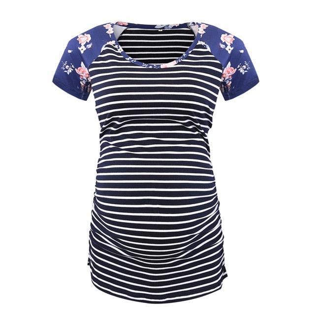 Maternity Print Striped Top - Pregnancy T-Shirt - Casual Short Sleeve - Tee Summer Maternity Clothes (1U4)(Z1)