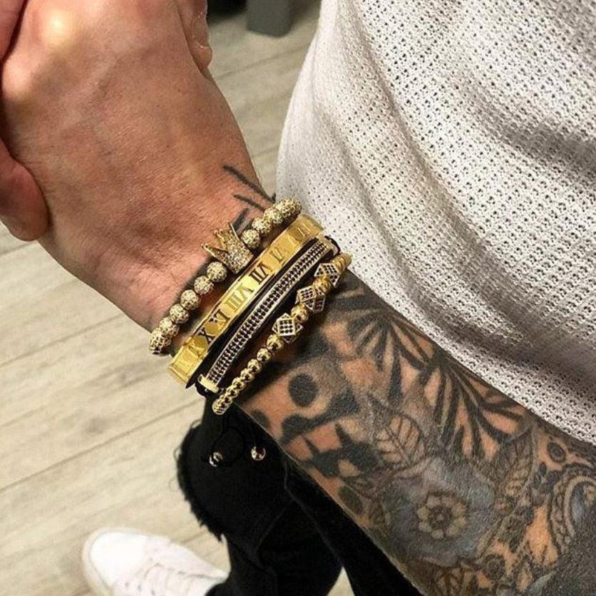 Great Men Bangles Braided Braiding Bracelet - Men Pave CZ Zircon Crown Roman Numeral Bracelet (MJ3)(F83)