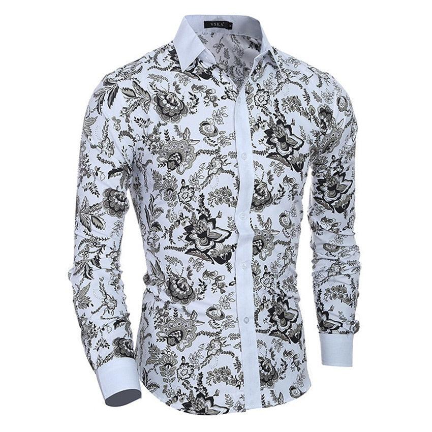 Men Flower Shirt - Long Sleeve 3D Printing Casual Slim Fit Hawaiian Shirts (2U8)(2U11)