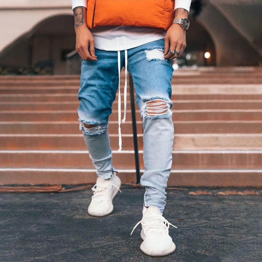 Men's Hip Hop Ripped Jeans - New Slim Fit Hole Men's Zipper Pencil Pants (1U9)