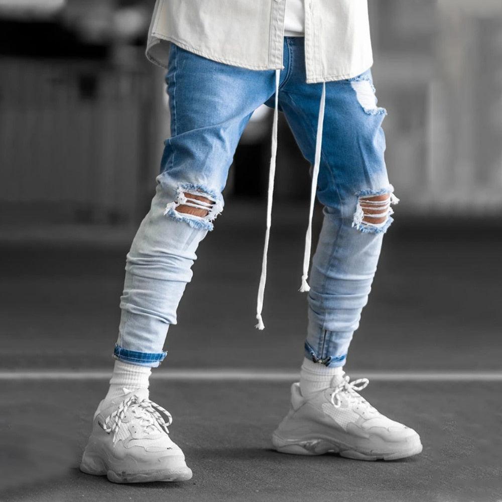 Men's Hip Hop Ripped Jeans - New Slim Fit Hole Men's Zipper Pencil Pants (1U9)
