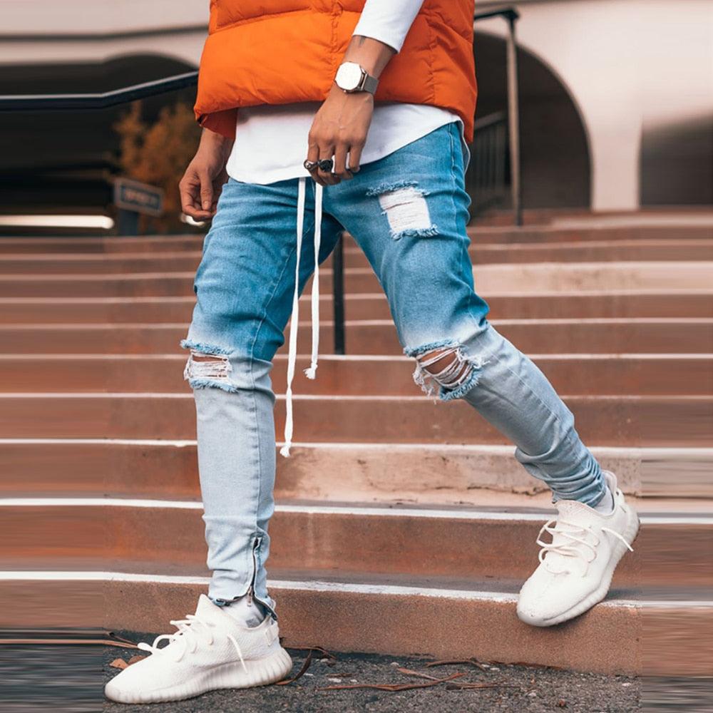 Men's Hip Hop Ripped Jeans - New Slim Fit Hole Men's Zipper Pencil Pants (1U9)