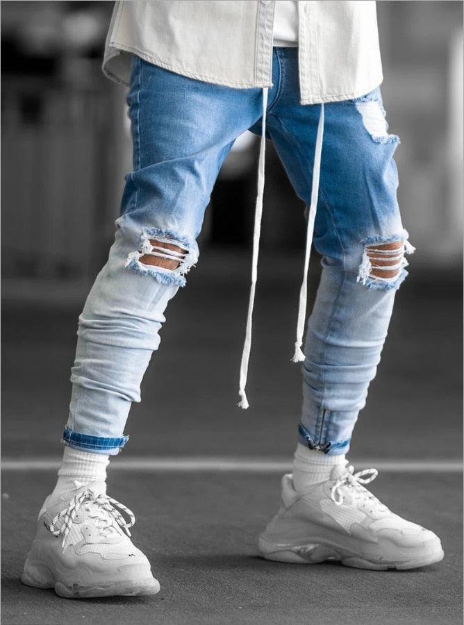 Men's Hip Hop Ripped Jeans - New Slim Fit Hole Men's Zipper Pencil Pants (1U9)