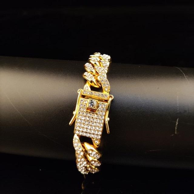 Men Hip Hop Iced Out Bling Bling Pendant With Bracelets - 15mm Width Cuban Chain Necklace Jewelry (MJ2)(MJ4)(F83)