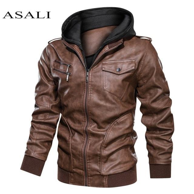 New Color Matching Casual Men's Leather Jacket - Men Hooded Leather Zipper Jackets (TM3)(F100)