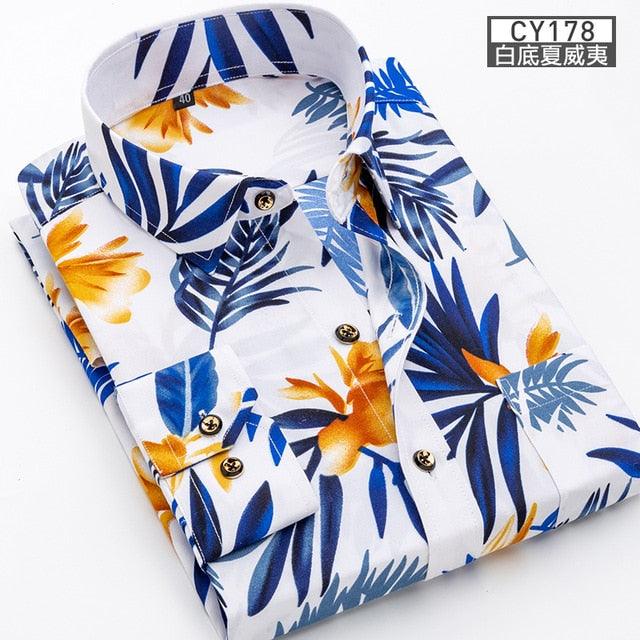 Great Men Shirt Long Sleeve Floral Printing Plaid Fashion Pocket Casual Shirts - 100% Polyester Soft Comfortable (TM1)(T2G)