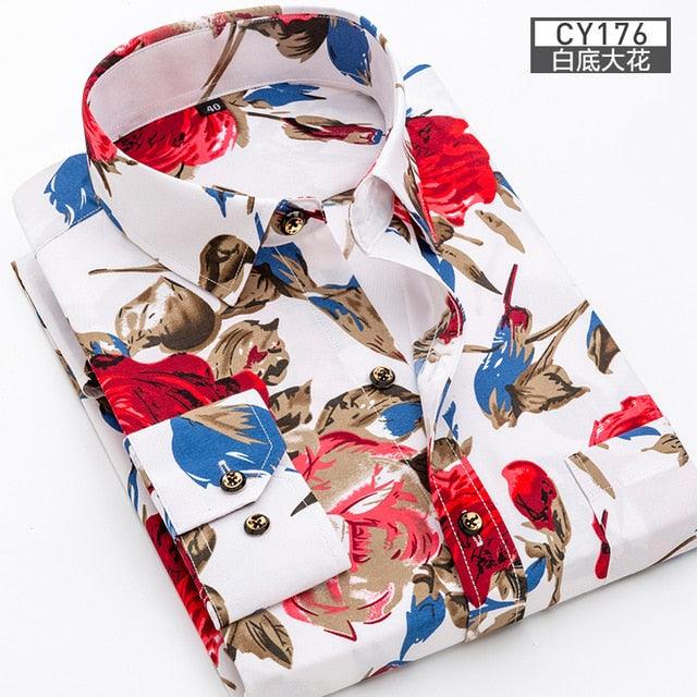 Great Men Shirt Long Sleeve Floral Printing Plaid Fashion Pocket Casual Shirts - 100% Polyester Soft Comfortable (TM1)(T2G)