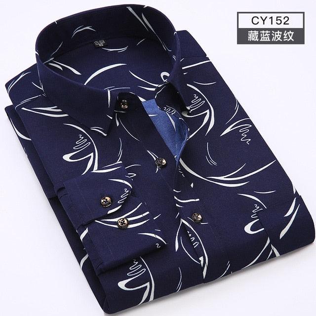 Great Men Shirt Long Sleeve Floral Printing Plaid Fashion Pocket Casual Shirts - 100% Polyester Soft Comfortable (TM1)(T2G)