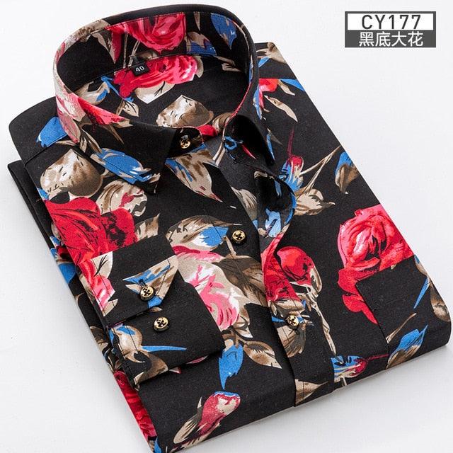 Great Men Shirt Long Sleeve Floral Printing Plaid Fashion Pocket Casual Shirts - 100% Polyester Soft Comfortable (TM1)(T2G)