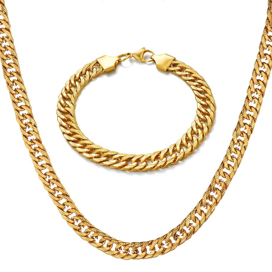 Jewelry Set - Stainless Steel Gold Bracelet Necklace Set - Curb Cuban Link Chain (MJ4)