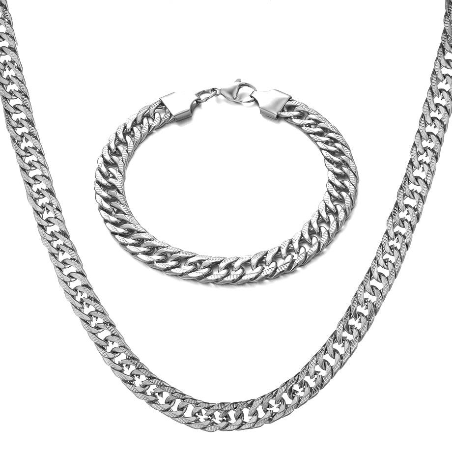 Jewelry Set - Stainless Steel Gold Bracelet Necklace Set - Curb Cuban Link Chain (MJ4)